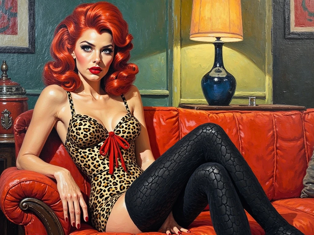 arafed woman sitting on a table with a saxophone and a leopard, milo manara, inspired by Apollonia Saintclair, giantess art, milo manara style, milo manara - h 1 2 0 0, by Rob Alexander, inspired by Greg Hildebrandt, by Hans Erni, inspired by Mark Brooks, pinup art, red haired goddess