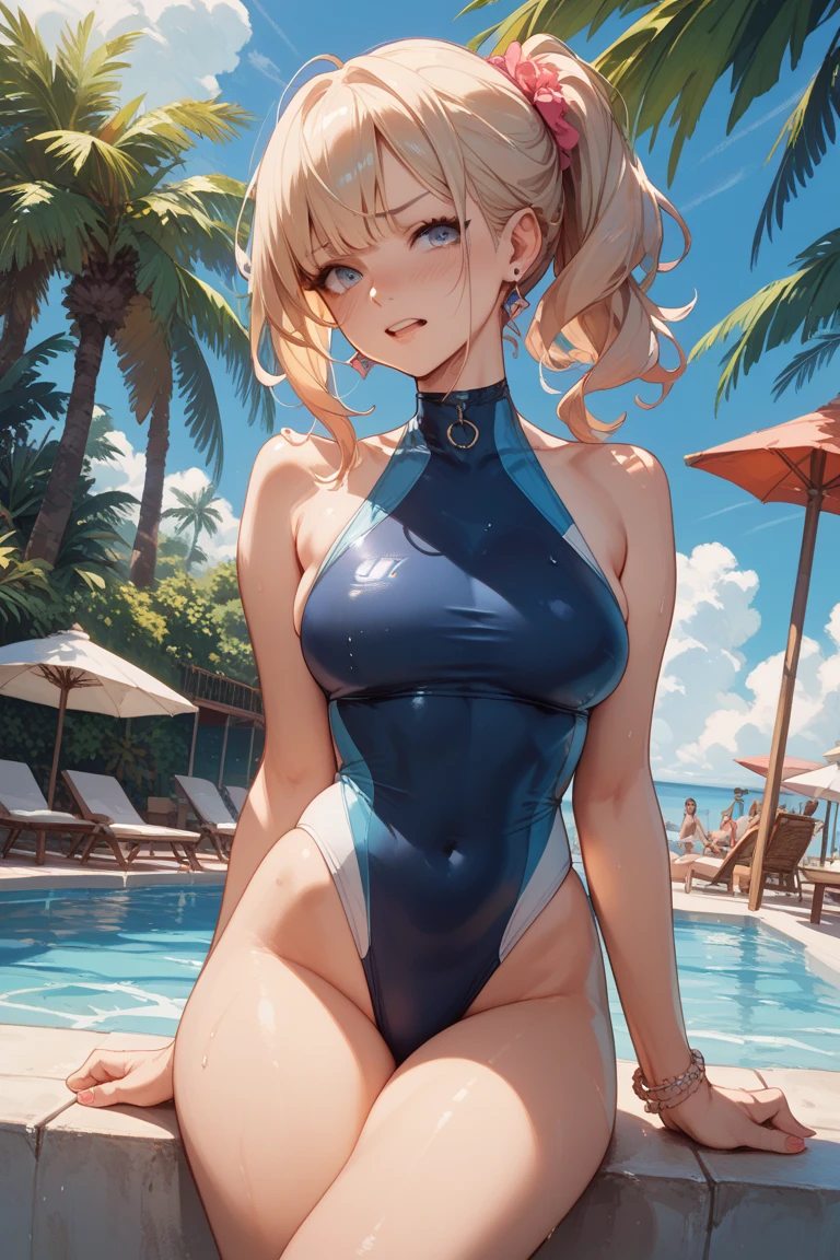 (best quality,highres,ultra-detailed,realistic:1.2),portraits,Blonde Hair、Gibson Tuck,beautiful blue eyes,slight blush,smiling face,facial vapor effects,lovely,embarrassed expression,latex swimsuit,High neck、
female model(1 person),high leg cut,slightly erect nipples visible through the swimsuit,open crotch design showing the crotch to the audience,aroused audience reaction,slightly squatted pose,arms behind head,black socks,brown loafers,facing the camera,at the poolside