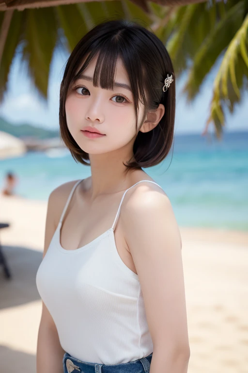 8k、Highest quality、（beautiful）、Precision Eyes、Fine skin、smile、Caramel Blonde Hair、Upper Body、Ｔshirt、Soft Breasts、Beach、Semi-short hair、Wet Hair、Selfie