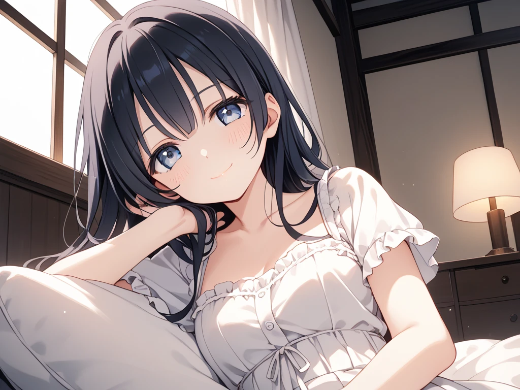 Girl, cute, lovely, from chest to head, smiling, straight hair, long hair, black hair, bedroom, morning, sunny, from below, looking down at us, camisole, looking at the camera, leaning forward, peeking