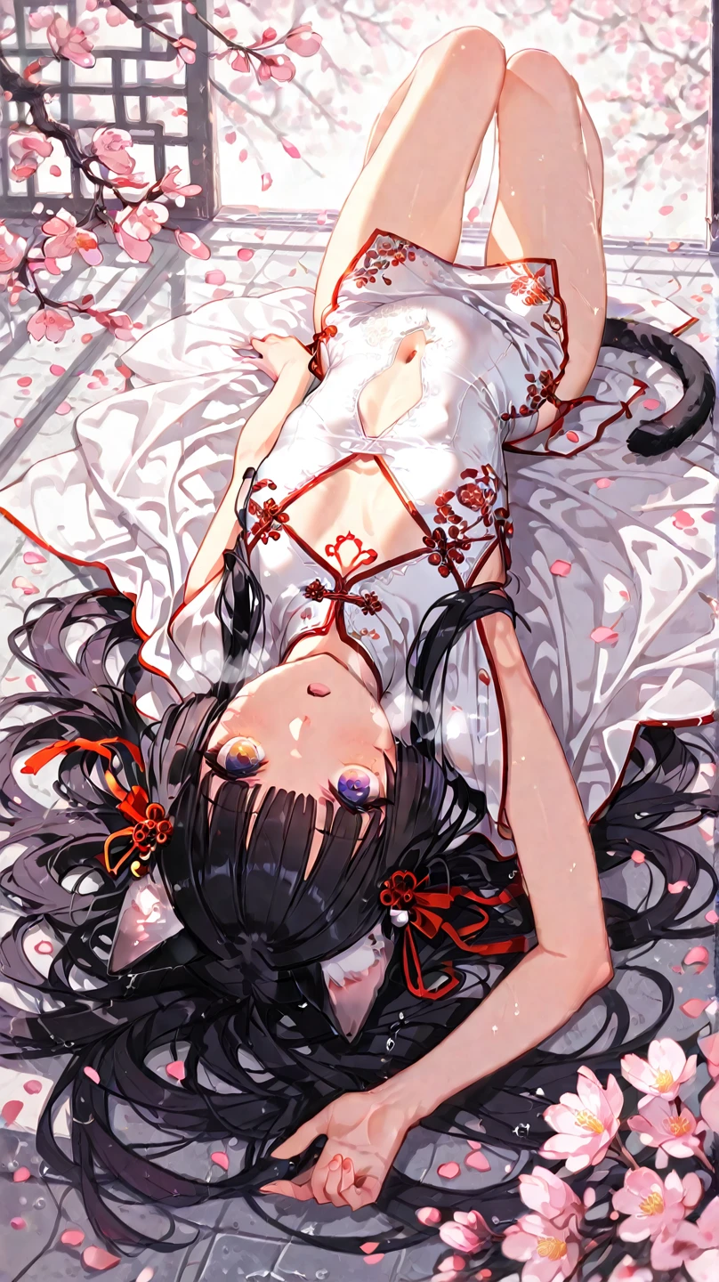 Asian girl, hermosa, demonio, ojos rojos, cabello blanco, garras, enormes pechos, desnuda, mostrando el culo al espectador, de espalda