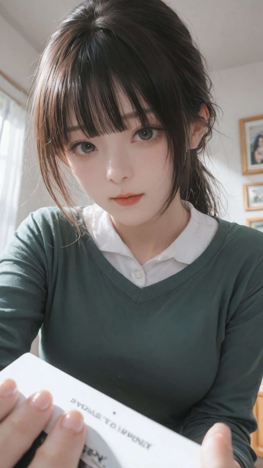 a young girl, big green eyes, round face, small nose, big lips, long purple hair, long eyelashes, pale skin, red cheeks, split chin, Green plaid skirt, long-sleeved white blouse, high socks, school shoes, in class room, in school, more students, naughty face, f/16, Canon, Fujicolor, ray tracing, from above, 16k, 8k, highres, best quality, award winning, high quality, high details, super detail, textured skin, anatomically correct, masterpiece, accurate