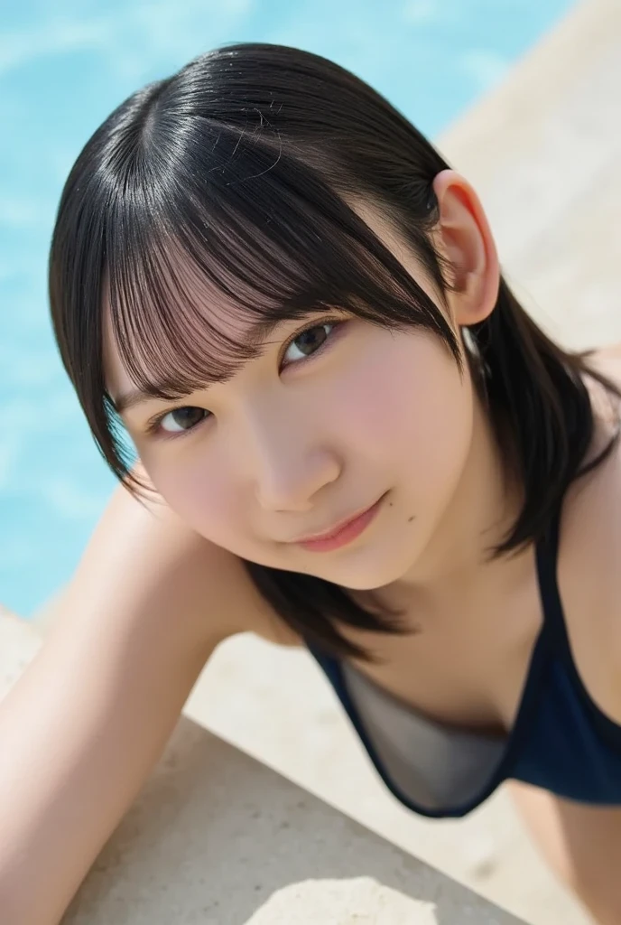 (Highest quality,8k,High resolution,masterpiece:1.2),Very detailed,(Realistic,photoRealistic,photo-Realistic:1.37),Beautiful and elaborate face, Beautiful detailed girl, Very detailed目と顔, Beautiful attention to detail,pale, Beautiful Skin, Shortcuts, High resolution, Very detailed, Highest quality, [masterpiece:1.6], In detail, Highest quality, 8k wallpaper, Cinema Lighting, One Girl、14 years old、(Perfect figure:1.3)、[Small breasts、A Cup:1.9]、Beautiful big eyes、[sexual excitement:1.1]、light in your eyes、(Kamimei)、(Micro Bikini:1.8)、(Pool:1.3)、(Very happy smile)、Short Bob Cut、Sexually excited expression、Dynamic pose、My body is soaked、(Slim figure:1.3)、Light on the face、((((Full Body Shot))))
