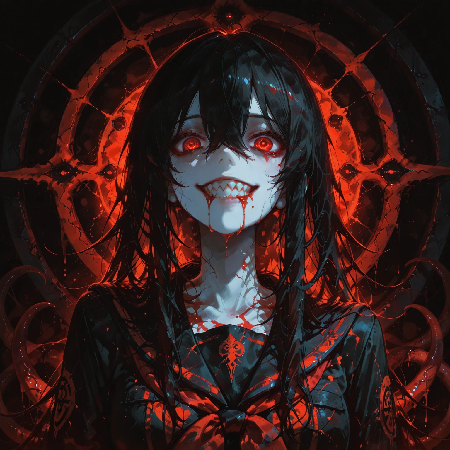 ,He is scratching his cheeks with both hands,the neck is very long化け物,Too long neck,the neck is very long,The neck is as long as the head,(Thriller Theme,Bloody and violent themes:1.3),(Dirty mollusk tentacles,radicalism:1.4), Good details, (Glowing background), Highest quality, Wide-angle Super Detail, masterpiece, 8k, Natural light, Soft lighting, sunlight, High resolution (High Dynamic Range), Maximum clarity and sharpness, Multilayer Texture, Looking at the audience,Close to the audience,night,Dirty, (Faith of the Dead,A totally malicious cult,Human sacrifice ritual,Ominous black and bloody fog),(severe bleeding, self-injurious behavior:1.4) 1 girl,Crazy Smile,((Wicked Smile)), ,(Blood splatter:1.4),Scythe Face,Girl Monster, beautiful, Delicate facial features, Sharp Eye, Sharp Fangs, Pale skin, Thick chain, Dark Background, Cinema Lighting, Dramatic Shadows, Gothic style, Gloomy atmosphere, Dark fantasy, One Girl, Please open your mouth wide, Open your mouth and baring your teeth,Sharp teeth like a beast, Wide lips, very wide mouth, Vermilion cheeks, ,(Blood splatter:1.4),Scary smile, Very good laugh, (Glowing Eyes,Disheveled long hair,:1.5), Lens flare,Light leakage,Spooky altar background,Anime Style,Concept Art,A terrifying ritual ,Satanic Ritual,Premature death,Improper behavior, Twisted smile、Bloody、bleeding from the head,,,,、Blood splatter、,(Blood splatter:1.4),Crossbones, skull,Crossbones, , Skeleton Gas Light,