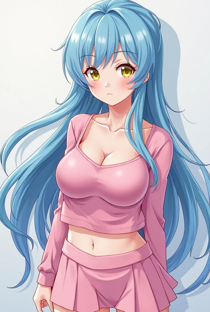 masterpiece, best quality, ultra-detailed, illustration,masterpiece, Best quality, high resolution, high resolution, masterpiece, best quality, highres, dragon ball, blmsdup, bulma, aqua hair, one side up, pink dress, long sleeves, collarbone, big breasts, cleavage,beautiful detailed eyes, looking at viewer in a seductive look, close up, (arms behind back:1.2), (from above:1.1),big sized breasts, attempt to seduce, standing,(blush)
