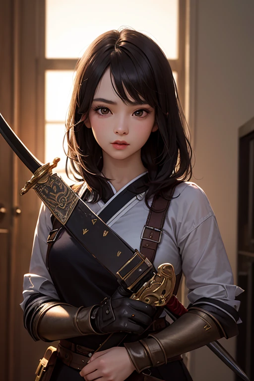 (Holding (Long sword:1.3)), (The blade glitters), (Holding sword sheath) 、(Stance of swordsmanship)、(1 girl)、Bob Hair、Brown Hair、Medium breast、Chinese clothing:1.3、Temple precincts、(masterpiece:1.2、Raw photo quality、Highest quality)、Beautiful face、Anatomically correct limbs、Anatomically correct body、