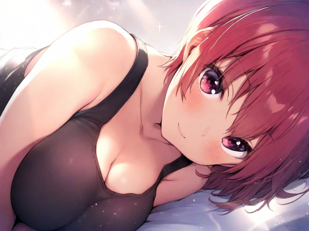 (Highest image quality:1.1)、(masterpiece:1.4)、(Disorganized:1.0)、Portrait、Close-up、1girlMakanaイあり、Makana、bob cut、(red eye:1.5)、redhead、short hair、BREAKBedroom、BREAK while looking at the audience seats、Muscle growth、Medium chest、upper body naked、tits、(Lower body is white panties 1.2)、clavicle、medium breasts、smile、Bedroom、sleep in bed、sexy pose、blush、Towel over the chest