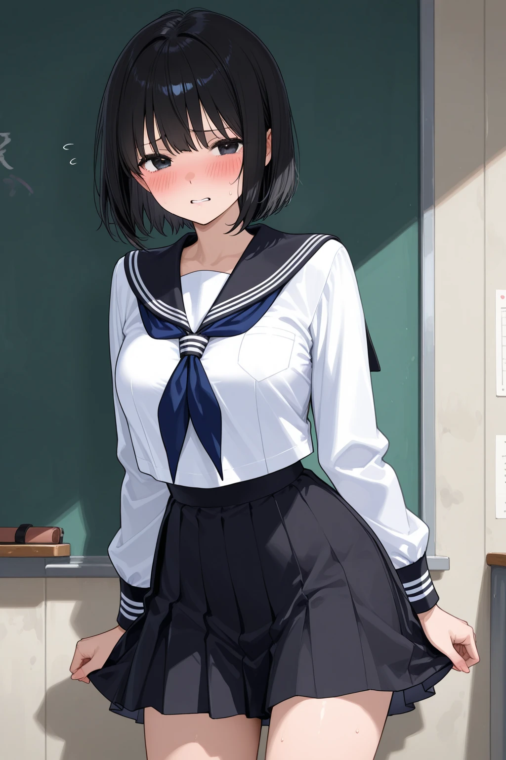 nsfw,alone, (One girl), Elementary school girl,8-year-old, ((White panties)), (wearing only the top half of sailor school uniform), Sailor with un-folded hems,  sexy, (Cowboy Shot),  ((Put your arms behind your head)), classroom, With a girl：hair is black and short, Her face is round and cute。It&#39;s below the knee。The shoes are black loafers。The girl had a surprised look on her face, Joy and emotion.、With eyes wide open, Open your mouth, Tears were reddening her cheeks, The cheeks and hands are drawn large., Black Hair, Low twin tails, (Are standing),(Shy, Embarrassing),Sit on a chair、Spread your legs、((pussy cameltoe:1.0)),Wet,