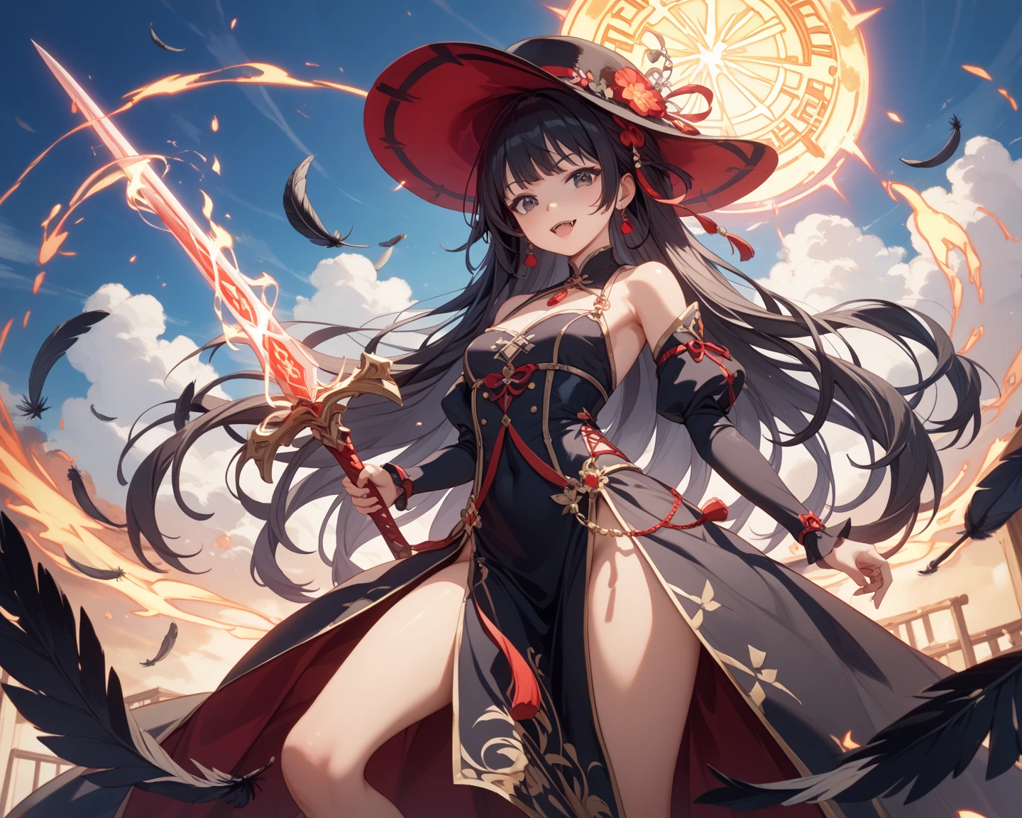 Long black hair, red eyes, magician, bunny girl, white rabbit ears, holding a magic wand, magic hat, black boots, red cape, long coat, monocle