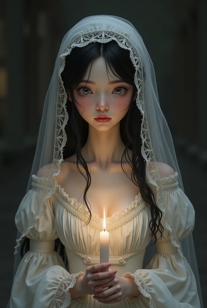 (((medium full shot))), (Masterpiece, photorealistic, photorealism, best quality, ultra-detailed:1.3), (nice hands, perfect hands), official art, cinematic light, (1girl:1.3), adult, (facing at viewer, frontal view), a beautiful woman as a creepy (((ghost))), haunted house, ((pale skin, white skin)), candles, (horror:1.3), white dress, black hair, (blood:1.2), ((castle hallway)), intricate, absurdres, RAW photograph, blood,