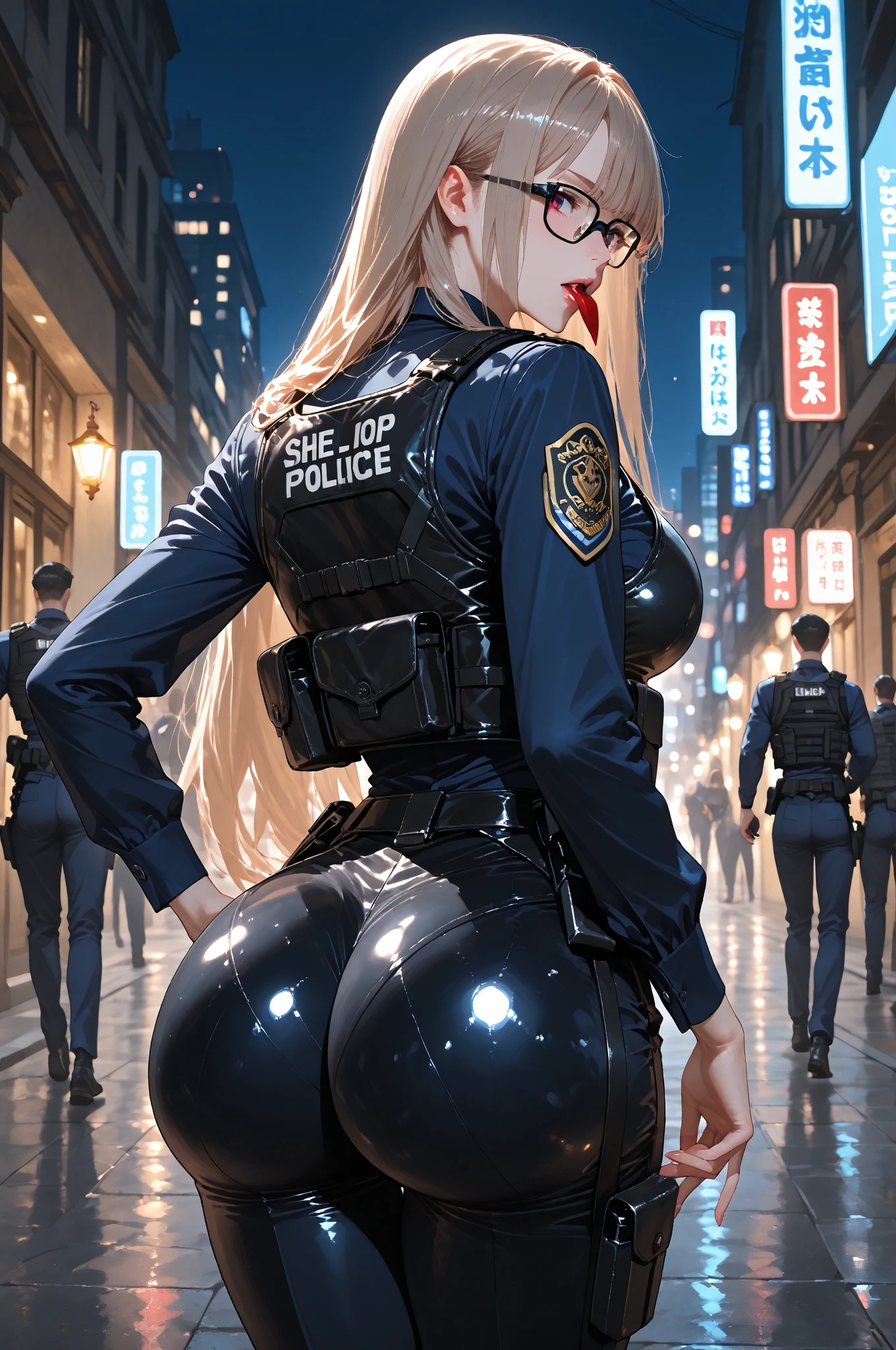 POV: sexy cute beautiful Amouranth as a sexy cop, ((((huge breasts)))), (slim thick), (skinny), ((ultra-detailed)), (photorealistic), 8k, (curvy accentuated body), ((ponytail hair)), tight suit, at the street, (assault rifle in hand), (patrol car behind), (at night), (tactical boots), (1girl),