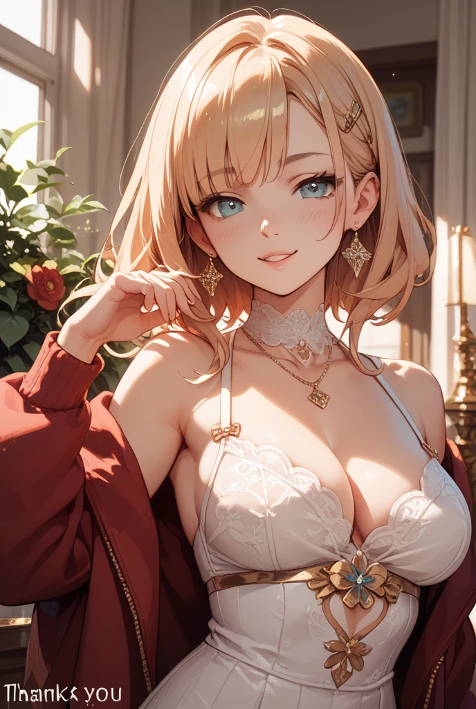 Please follow all prompts below exactly and faithfully. This is a breathtaking masterpiece of digital illustration, with maximum resolution, UHD, 512K, 2160p, 10 million ppi, 300 million dpi, natural color tones, ultra sharp details, perfect outlines with contrast, **most realistic skin and hair textures**, most beautiful detailed eye features, perfect anatomically correct human body, beautiful background with depth, rule of thirds, depth of field, Maximize all element is used to its full potential to create the best digital illustrations, A very sexy and elegant woman with a perfect body style, a beautiful sharp face, slim figure, gravity-defying large breasts, beautiful green eyes, (shiny blonde shaggy cut short hair covering one eye), glossy, sensual, very glossy thick lips with striking pink lipstick, She is in the spotlight on the dance stage in her splendid, luxurious oriental dancer's costume and magnificent jeweled ornaments,
