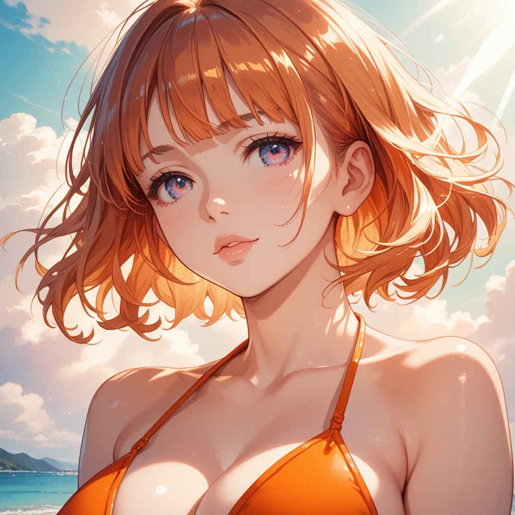 ((((nude))))(masterpiece), (Highest quality), (Very detailed), (Best illustrations), (Best Shadow), (Absurd), nobarakugisakinova, short hair, Orange Hair, ((Brown eyes)), Kugisaki Nobara, One Girl, alone, bangs, Mouth closed, Show Viewer, Upper Body, (Ocean Background), ((Cleavage)), ((Yellow Bikini)), ((Blushing)), sexy, (Please place your hand on your chest), Big Breasts, smile,
