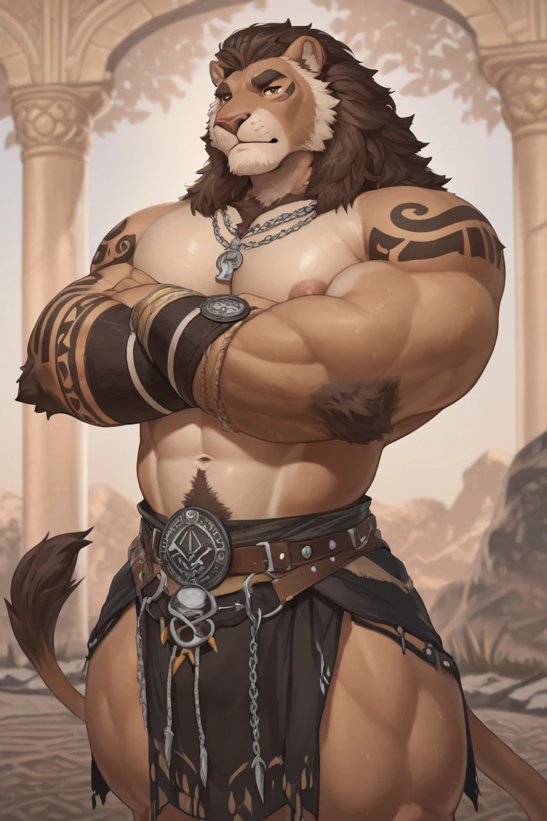 Cartoon Character Close-up: The Legend of Zelda - Ganondorf, White Lion Beastman, Traditionally Conceived in the Style of Japanese Concept Art

Stripped bare, revealing a muscular and imposing figure, Ganondorf stands tall before a traditional Japanese background. His strong body, adorned with tribal patterns, is proudly displayed in this detailed full-body concept art. Despite the lack of clothing, the White Lion Beastman's anatomy is meticulously crafted, with every muscle fiber visible and exaggerated.

Intricate details are evident in Ganondorf's long horns, piercing eyes, and menacing smile,