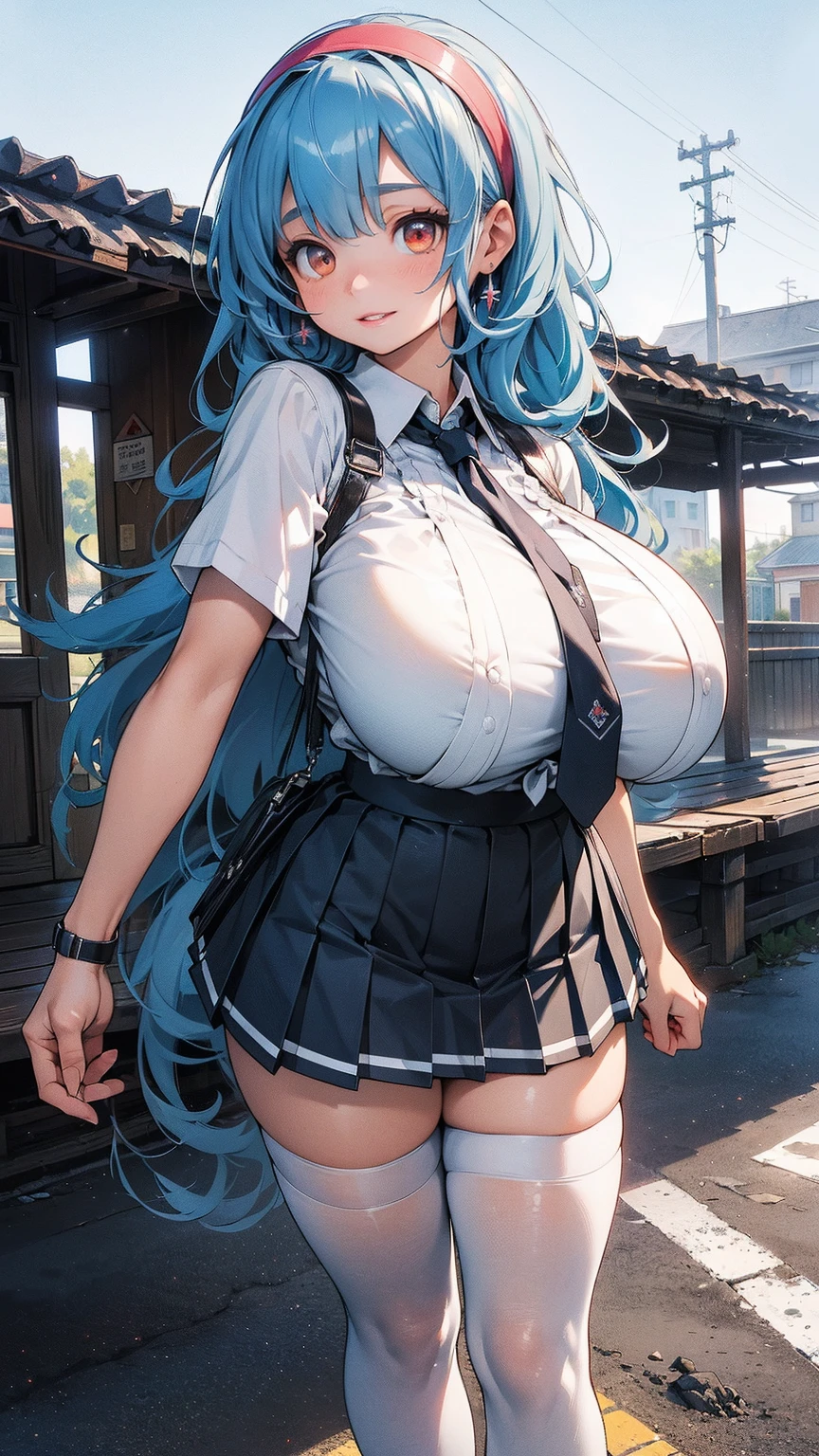 masterpiece, best quality, ultra high res, ultra-detailed, SFW, outside school, beautiful sunset, mountain little city landscape, 1 young girl, (blue hair: 1.3), (silver eyes: 1.3), (long ponytail hairstyle: 1.4), (full lips: 1.3), (giant tits and giant cleavage: 1.6), (slutty curvy and voluptous body: 1.5), (grey cardigan withschool coat of arms: 1.3), (white shirt: 1.3), (school grey pleated skirt: 1.5), (black pantyhose: 1.3), (black school loafer: 1.3), (a pair of cute earring: 1.3), (looking at viewer with grumpy expression and reddened face: 1.4), (troubled mouth: 1.4), (she is holding her school bag on one shoulder: 1.2), (she is leaning against the school wall: 1.6)