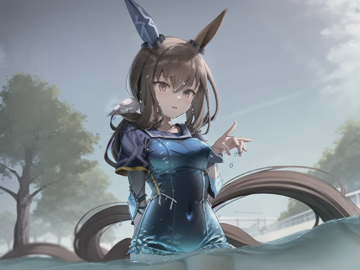 maximum quality、extremely delicate and beautiful、I am、I am、a 14 year old、Japanese、Chiquita、a high school student、A brunette、Canine ears、far away、((blue leotard costume))、（leg high）、tiara on head、a smirk、standing、facing the front、The background is a resort pool、Represents the entire body、gravure