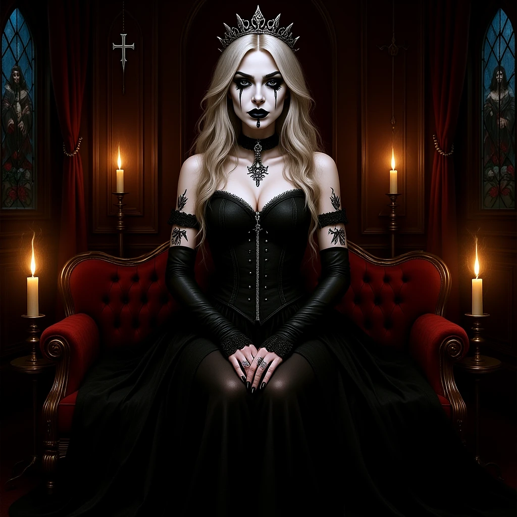 RAW Photos,black light, hair blonde, blonder woman, dark surroundings, Dark masterpiece, mulher fair brown-skinned, SITTING ON A THRONE, throne with thorns, black roses, woman in black dress, posing photo, long hair, hair blonde, black witchcraft, red geometric shiny background, full body size, Eastern fantasy theme, Eyes red, underworld, cold stare, Dark clothes, long and tight, fair brown-skinned, color classification, dark illustration, extreme quality, Radiant, extremely detaild, Face ultra detailed, ultra hd 8k, ultradigitality, mythical, black lightning, Conceital Art Portrait of Greg Rutkowski, artgerm, hyperdetailed, intricately detailed Gothic art, dark gothic fantasy style, triadic colors, Fantastic, intricate-detail, opening screen, colors complementary, fantasy concept art, 8K resolution, masterpiece of gothic deviantart, Heavy strokes, soft lighting, Surrealism