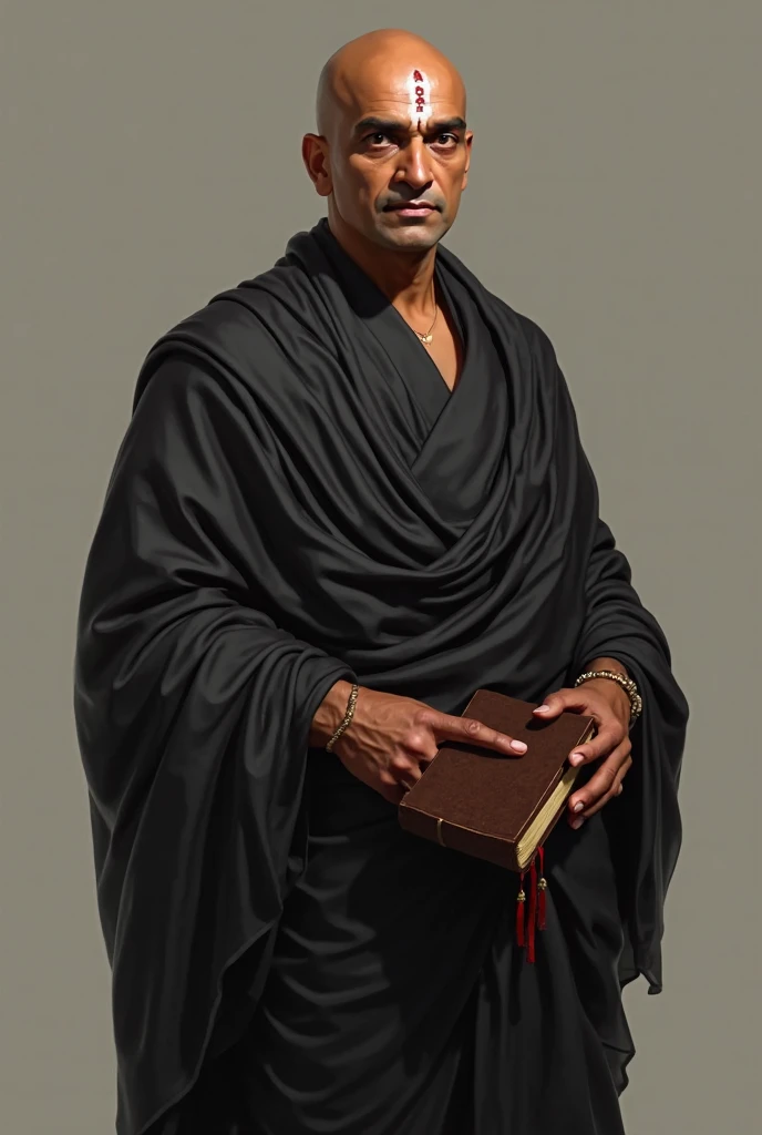 Chanakya, also known as Kautilya or Vishnugupta, is typically depicted as a stern and intelligent figure, embodying wisdom and authority. He is often portrayed with a shaven head, save for a single topknot at the back, symbolizing his scholarly status. His facial features are sharp, with a serious expression, and he is usually shown wearing a simple traditional robe, often in saffron or white, indicating his ascetic lifestyle. Chanakya is sometimes depicted holding a scroll or manuscript, representing his authorship of the "Arthashastra," an ancient Indian political treatise. His posture is often meditative or reflective, emphasizing his role as a teacher and advisor. These depictions are meant to convey his profound influence on Indian history as a strategist and philosopher.