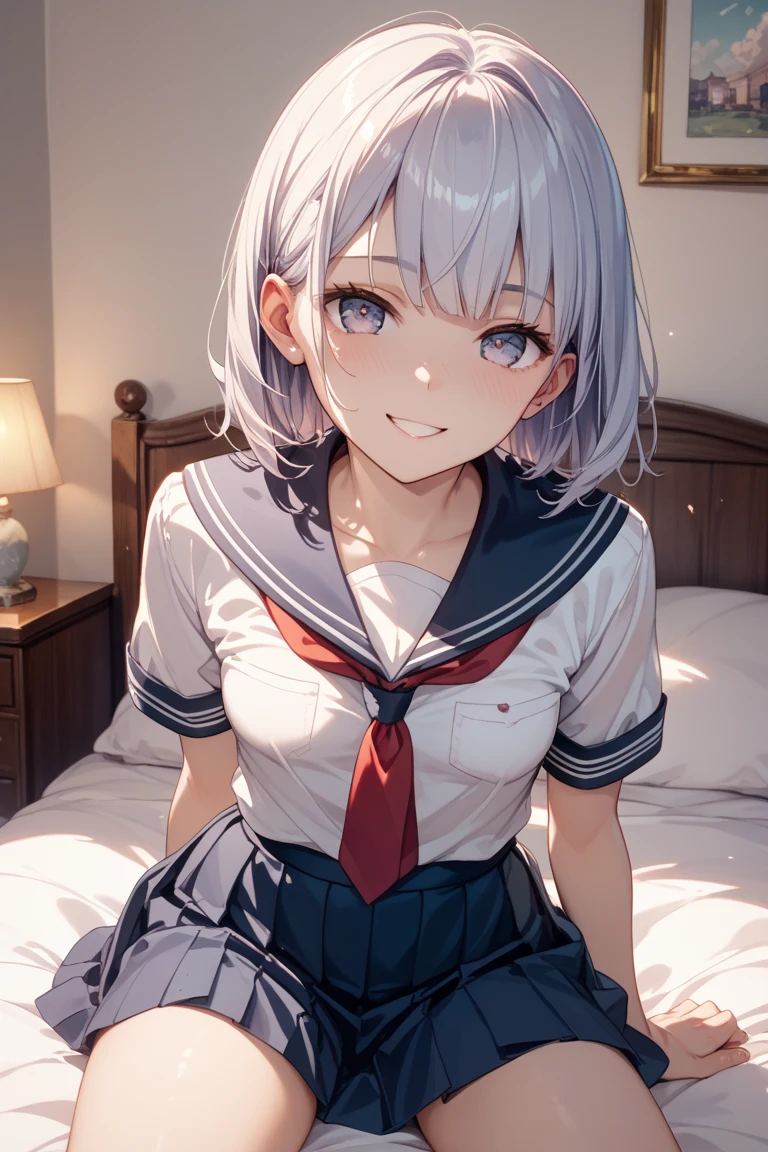 (Ideal:1.2), (perfect:1.2), (flawless:1.2), (highest quality:1.2), (best quality:1.2), on bed, 1girl, (evil smirk:1.2), (loli:1.2), young, (school uniform:1.1), detailed body, sexy thighs, small breasts, short hair, high quality eyes, 4K, highest quality resolution, best quality resolution, best quality upscale, no panties,