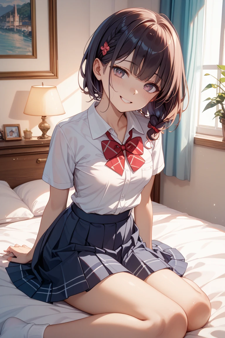 ((masterpiece,Highest quality:1.3,best quality illustration)),((realistic:1.2)),cowboy shot,独奏,1woman,18 year old beauty、black hair,short bob hair,(center parted bangs),black eyes,(gorgeous big eyes),((very small head:1.3)),shy,((slender body,skinny)),(tan skin:1.4),small breasts,White short-sleeved collared shirt、red bowtie,A navy blue pleated mini skirt with rolled up hem、White panties),gleaming skin,oily skin,slender body,sweat, sitting,spread legs,Simple bed、Simple bedroom、Tokyo、nsfw,