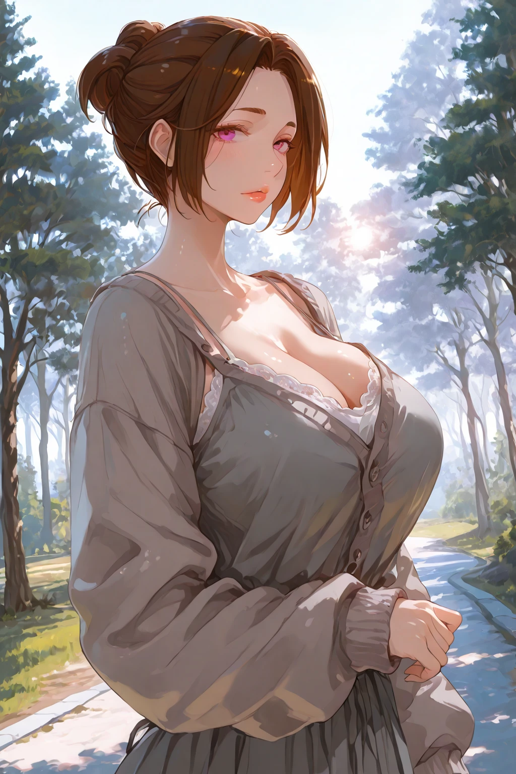 1girl, masterpiece, extremly detailed, (beautiful detailed glow), lens flare, forest, brown hair, floating hair, medium hair, bangs, green top, explorer, breast pocket, bare arms, blue eyes, open mouth, sweat, brown pants, short pants, thighs, sunshine, green leaf, tree, black backpack, [curvy], cleavage, denim jacket, cowboy shot