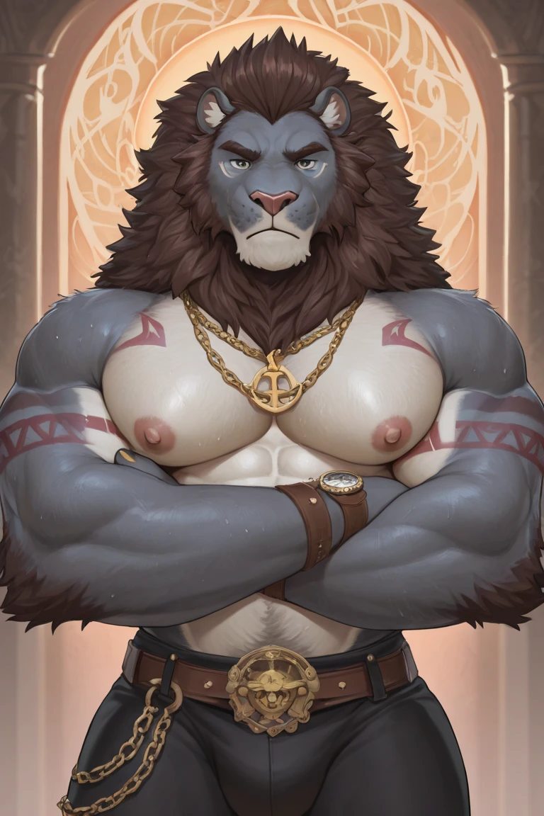((best quality)), ((masterpiece)), (detailed), perfect face, Bara Furry, Demonic entity, Ash gray fur, black markings, red markings, horns, long platinum gray hair, black sclera, red iris', Big Pecs, Huge Pecs, Striated Pecs, Veiny Pecs, Hairy pecs, tattoos on Pecs, Large golden nipple rings, Ornamental Nipple Rings, Tassels on Nipple Rings, large ornate bead on Nipple Ring, Abs, well defined abs, V shape, Broad shoulders, huge biceps, Happy Trail, Thick thighs, bubble butt, sitting down on Throne, darkly lit room, Occult setting, sex cult, embodiment of primal lust, dominant, bored, resting head against head, raised eyebrow looking away from viewer, wearing Ornate loincloth, wearing skimpy loincloth, Dynamic lighting, perfect shading, soft shading, soft colors, vivid colors, pastel colors