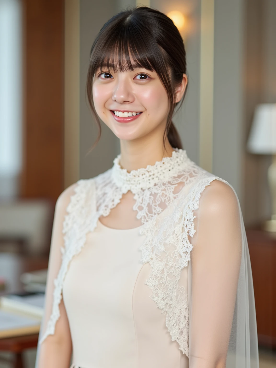 1girl, (solo:2.0),(wedding dress:1.8),(RAW photo, best quality), (realistic, photo-realistic:1.4), masterpiece, an extremely delicate and beautiful, extremely detailed, 2k wallpaper, Amazing, finely detail, extremely detailed CG unity 8k wallpaper, ultra-detailed, highres, , beautiful detailed girl, extremely detailed eyes and face, beautiful detailed nose, beautiful detailed eyes,(natural cinematic light:1.8),(in the church:1.8),perfect anatomy,(slender body:1.8),(close up face:1.6),(laugh, friendly, warm:1.8), (brown eyes:1.8),(long straight hair:1.8),(standing:2.0), (cleavage:1.4), <lora:maedakaori_lora-v2_01:0.8>