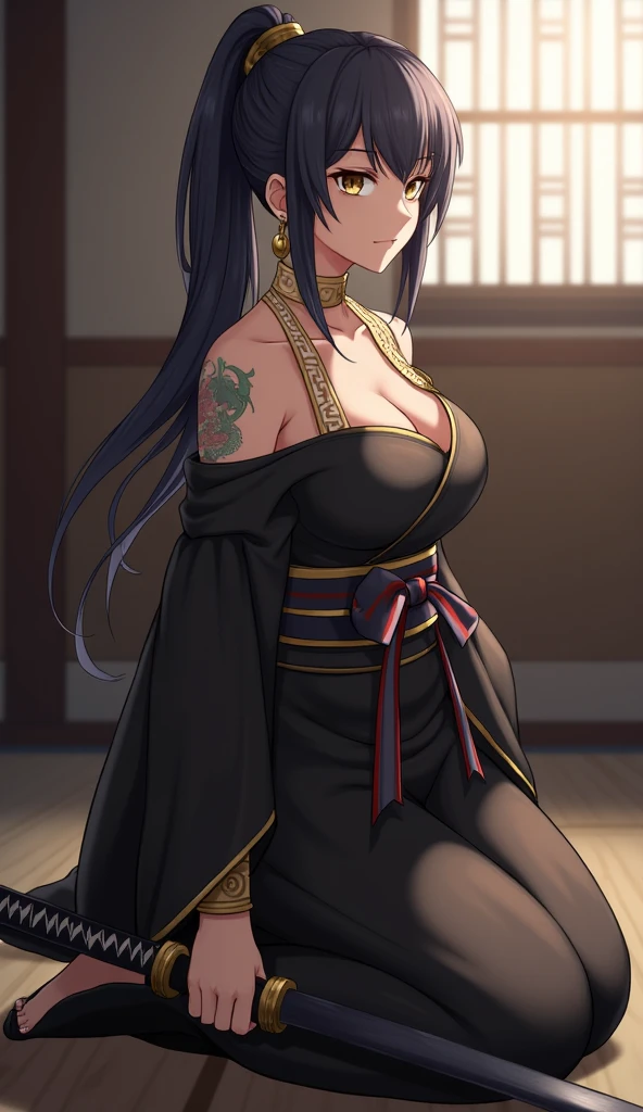 (art: 1.2), (best quality: 1.2) 1 female, mature teenager, 185 cm tall, appeared to be around 20 years old, had long dark black hair, straight and shiny hair tied in a green jade hairpin on the Chinese Taotist style, bright icy blue eyes, extremely detailed eyes, perfect eyes, extremely realistic eyes, well-aligned eyes, long eyelashes, anime style, extremely beautiful face, face indifferent to the viewer, delicate and mature face, full lips, mature, skin fair, natural body, SEXY BODY, milf body, with one hand holding her waist, perfect hands, detailed hands, hands well proportioned to the body, realistic hands, arms with good anatomy, she wore a navy blue dress with a long skirt Chinese style decorated in gold and silver that still couldn't hide her extremely large and huge breasts that were hanging down due to her size, she was fully covered by the skirt, thick thighs fully covered, wide hips, looking at the viewer with an infectious joyful expression, background scene in an oriental-style Chinese pavilion, posing alone Looking at the viewer.