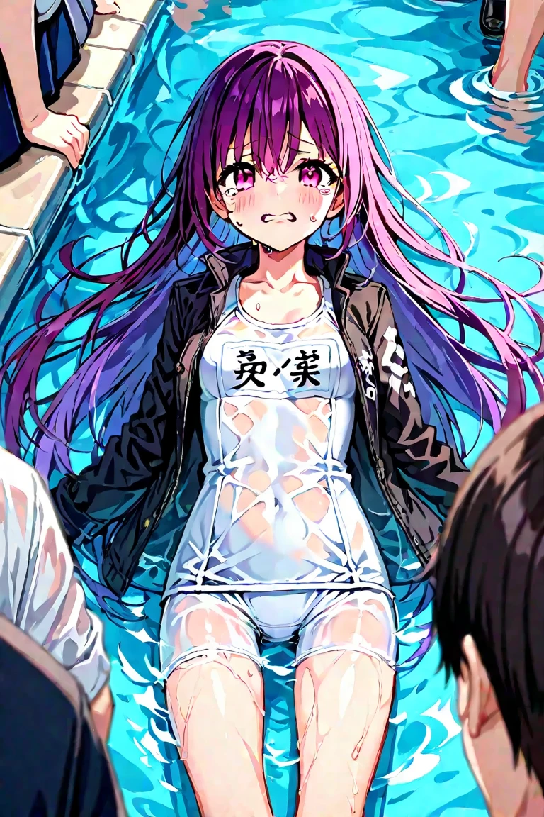 NSFW,masterpiece,Highest quality,High resolution,Super detailed,Shiro \(no game No life\),Young Girl,Long Hair,Multicolored Hair,Hair between the eyes,Gradient Hair,Yellow Eyes,Flat Chest,Erect nipples,School Swimsuit,((Oho face)),Embarrassed,blush,Leg spread,excited,Estrus,orgasm,Trembling,(Climax),(Squirting),(Ahegao),Roll your eyes、squint,Middle-aged men,(Having intense sex),Insert,Creampie,School,Pool,During class,Showing off,From the back