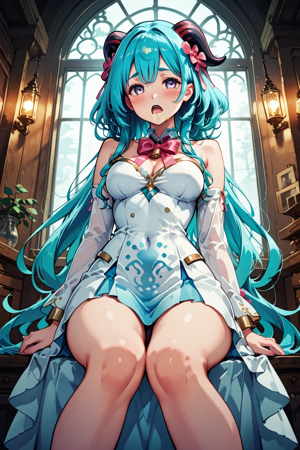 top quality,best resolution,(soaked princess dress),super detailed, White double ponytail hair,charm,smile,20 years old young girl,Gorgeous的雕纹,Design intricate clothes,blue eyes,she has earrings, wealth,Gorgeous, imagine,Elegant and charming,Slightly curvy figure,((White transparent white garter belt)),((Soak in water,Foggy weather,fantasy magic)),night,charming pose,indoor