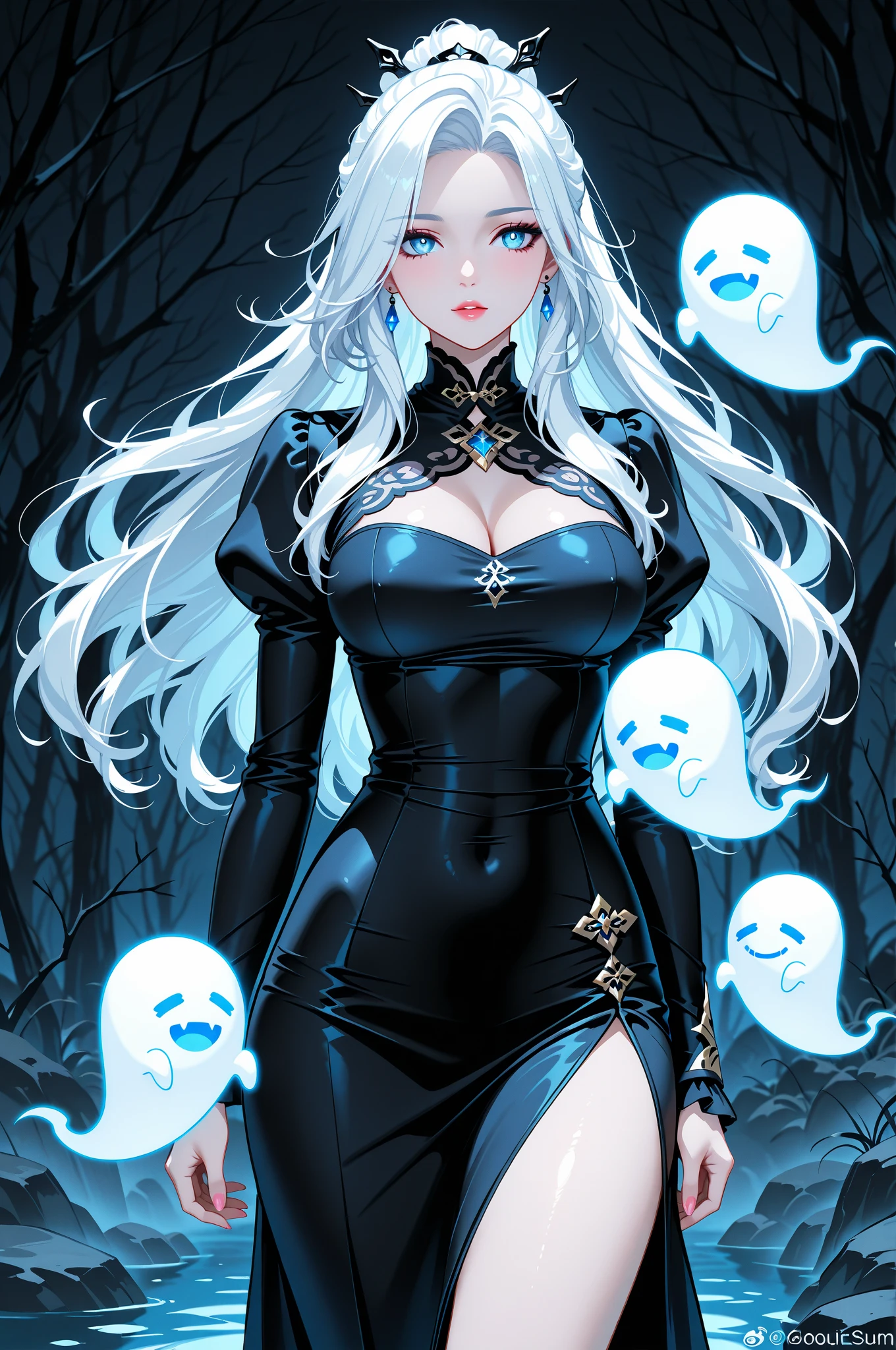 <lora:GhostWorld:1.0>  (GhostWorld:1.1) 1woman (sexy skinny latex lingerie:1.2) (scared and crying:1.3)  in an dark forest <lora:more_details:1> (sweat:1.2)