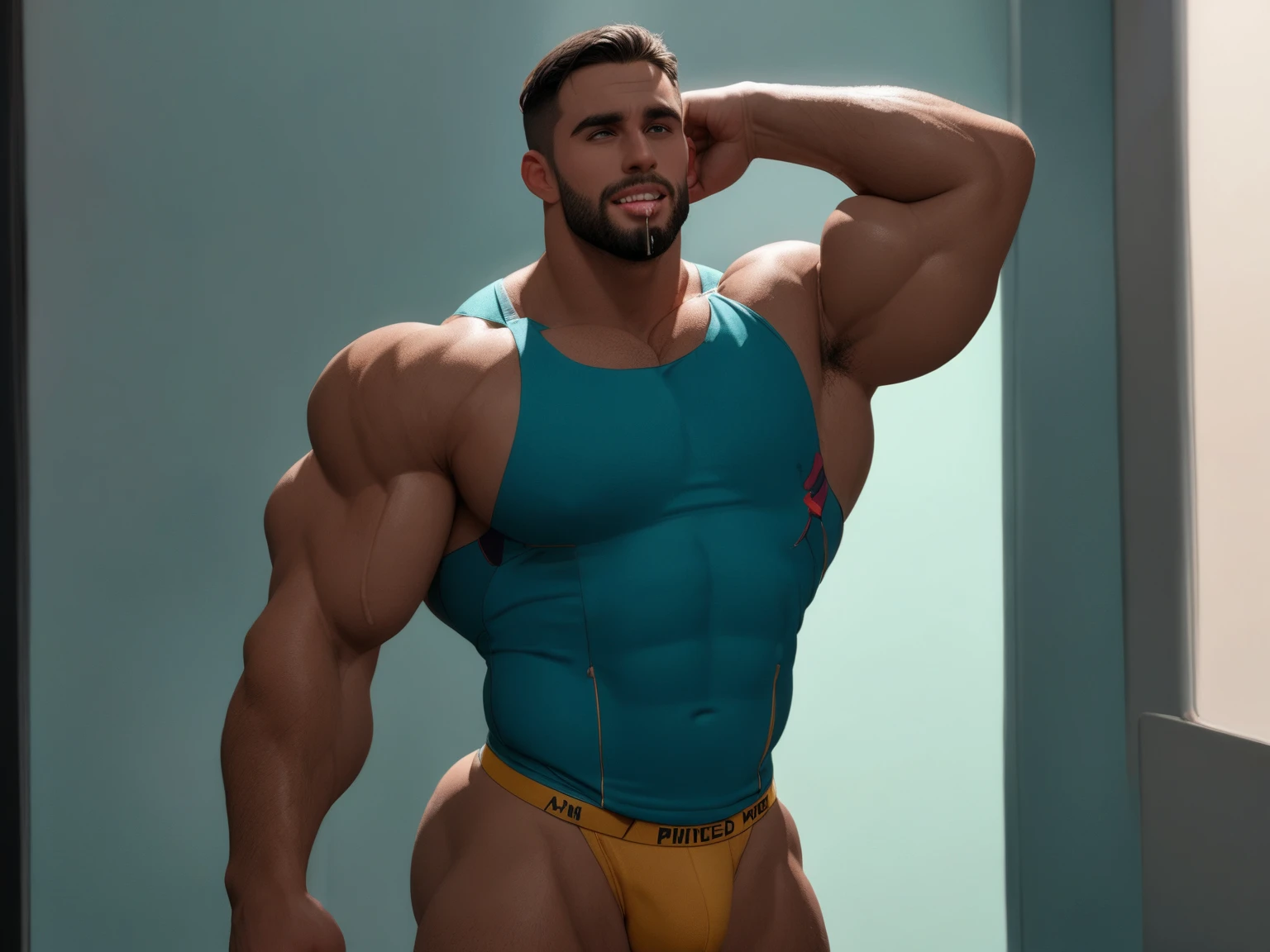 There is only one handsome Chinese man in the photo，35 years old，tall, Fitness，Smooth body，Smooth skin，No chest hair，short hair, O-Shaped Beard，Perfect body, Dark skin color，Radiant Skin，Smooth skin，Shiny, shiny skin，Smooth pectoral muscles，Muscle bulge, muscular, Very large pectoral muscles，Very sexy abdominal muscles，Very well-developed leg muscles，Huge concave and convex area，Brightens oily skin，Wear a fluorescent rainbow leather thong，Handsome face，Normal human toes，Correct and accurate male body proportions，Gold bracelet，Gold anklets，Standing in front of the Monstera forest。
