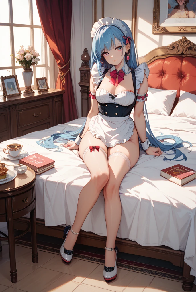 Sitting in the room Facing the computer is working Blue hair Curly hair Wearing Lolita clothes White stockings Exposed cleavage Perfect face Delicate hands