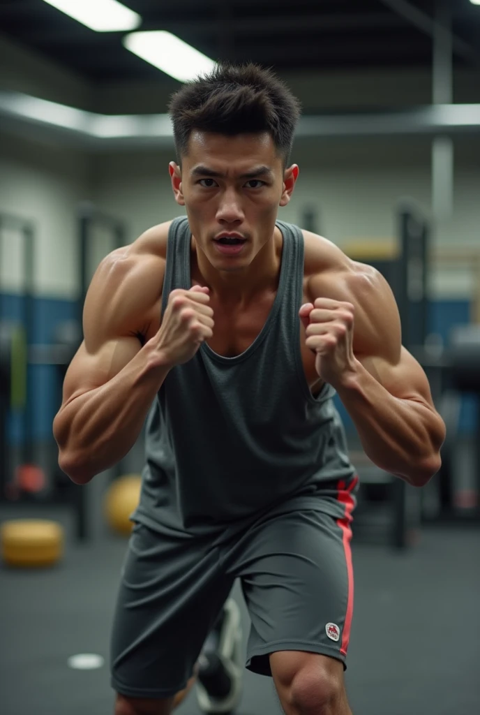 Create a handsome young Asian man,Wear gym clothes,Scratching the scalp with both hands,There is a lot of dandruff on the top of the head,White fine dandruff on the top of the head,The expression is unhappy,The characters are realistic and realistic,Gym background,9:16 frames,Ultra-high-definition picture quality