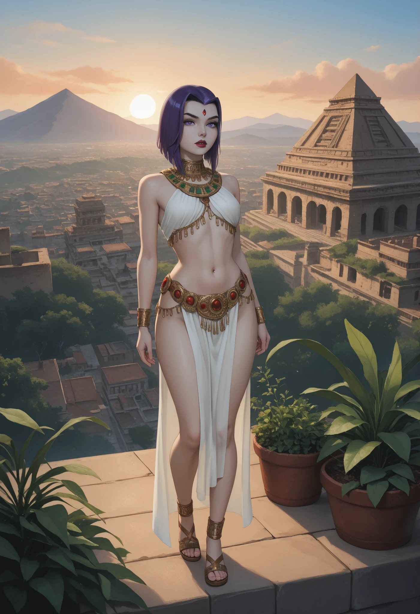 rachel roth, colored skin, grey skin, purple hair, medium hair, forehead jewel, purple eyes, small breast, huge hips, dark red lips.|  (watercolor):2, , high detail, detailed, depth of field, dynamic lighting, masterpiece, high_quality, best_quality, high_resolution, pencil lines, sharp color transitions, bright colors, watercolor paints, background is blurred, three-dimensional image, chiaroscuro, sharp transitions between shades, woman, indian, aztec, stately, slender, adult, white loincloth, green feather ornaments, feather headdress, gold ornaments, sandals, jade ornaments, solemn look, stands with back, looks to the side, hands raised, greets the sun, view from above, ancient city below, greenery, mountains and pyramids, huge bright sun in the sky, blue sky,