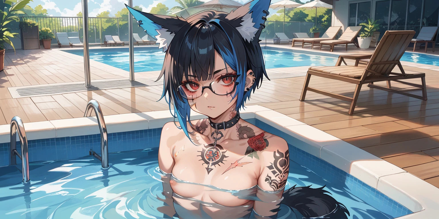 beautiful anime woman with cat ears, naked, swimming, big detailed clean nipple piercing, crop top up, exposing tits