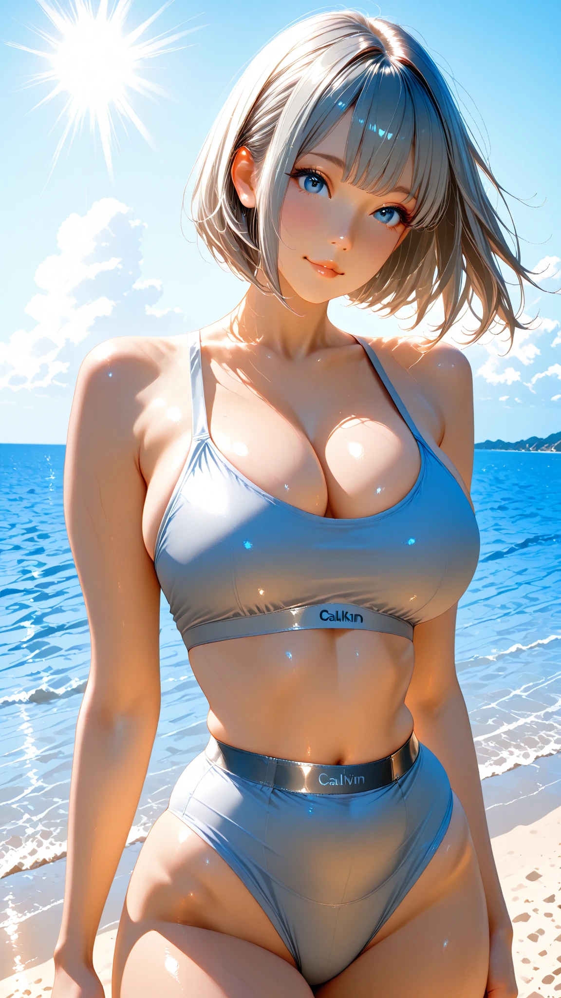 asuna (blue archive), 1girl, bare legs, blue eyes, (short sleeve turtleneck sweater), blurry, blurry background, blush, breasts, large breasts, (light brown blonde hair), (((extra short pixie cut))), (((pixie cut))), (((asymmetric pixie cut))), (((side parting pixie cut))), (((curly pixie cut))), (((messy pixie cut))), (((wavy pixie cut))), looking at viewer, solo, Beautiful girl, big, sea, emphasis on pussy, (spread legs), (happy face), (nude), (chubby), (((thick thighs))), (((big breasts))), (nipples), (pussy), (anal), ((extremely hairy pussy)), ((extremely hairy pubic hair)),
