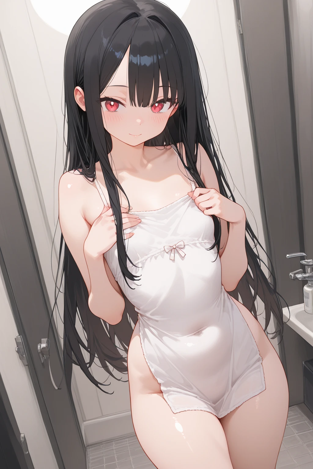 (masterpiece Best Quality, absurderes, Perfect Anatomy, Unity 8k Wallpapers,best anime), Detailed beautiful face and eyes,shoot from front,cowboy shot,(1woman,solo),16 year old beautiful girl、Japanese,((leather collar,In underwear:1.3,white bra:1.5,white panties,camel toe)),(black hair,low twintails:1.4),red eyes、crying:1.5,Painful expression、((smaller head:1.5,skinny:1.2,slender body:1.3,ideal ratio body proportions:1.4,medium breasts:1.5,sweat:1.4)),standing,Many female students in the background、corridor、classroom、Schools in Japan、