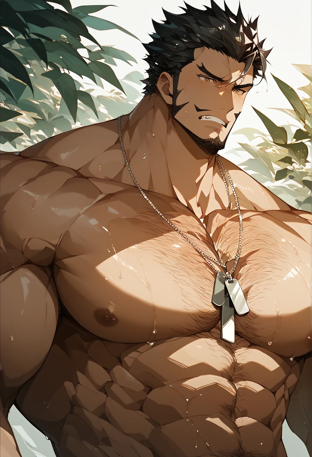 Youthful feeling,( Tattoo),(Thick body hair),Upper body,(He was wearing baggy shorts,Revealing his length, muscular, hairy),(Leaning against a tree),(For the audience) ,(Put his hands on his waist), (Focus on your audience) ,(There is a huge bulge in the area),sideways,Sharp eyes,(Thick dark brown hair),(Bottom-up view),Broad shoulders,Muscles protrude a lot,Highest image quality,cartoon ,Anime Wallpaper,Chest muscle expansion,spread your legs,Sexy,(main part, best quality),((Exaggerated muscle bulge)),The protagonist is tall,muscular and bulky, muscular characters, Awesome and cool, tall and muscular, muscular!!, Very strong, muscular attractive men, Huge muscles, Big Muscle, Muscle Man, Anime handsome man, muscular!, Giant muscles, muscular bodies,(canto da foto de baixo para cima) (imagem da mais alta qualidade) ,Close-up photos,Lion man ,real, jovem, , vestindo shorts, virilha saliente, imagem de anime, Leaning against a tree, pernas bem abertas, male face, bonito rosto jovem, cabelo subcortado, huge muscle muscles of the chest, large strong thigh muscles, Biceps Sinewy muscles, Corpo enorme, corpo tonificado devido ao treinamento intenso, Well-developed muscles, ABS transparente de 8 embalagens, 3 metros de altura, topless, , pele brilhante, rede de suor pingando, (hands on thighs), bare feet, Sem barba,Thick Legs,