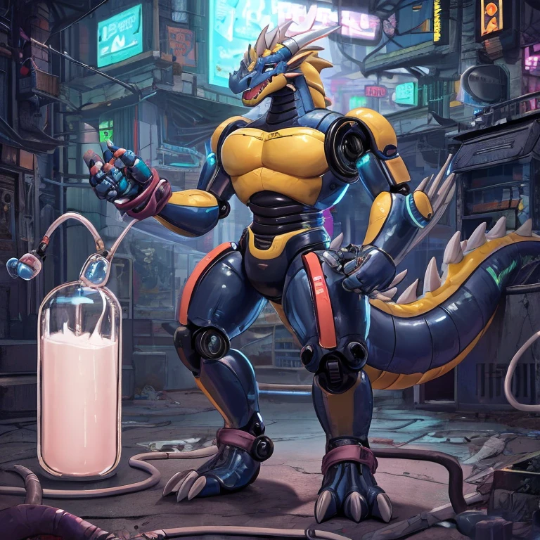 mechanical,robot girl,balck metal body,big breasts,(purple neon trim:1.2),robot joint,intricate,standing,dynamic pose,robot joint,(no face,no eyes),strange head,ony mouth,big mouth,no teeth,open mouth,longue tongue,,sharp teeth,smile,saliva,drooling,wet,cybernetic tongue,