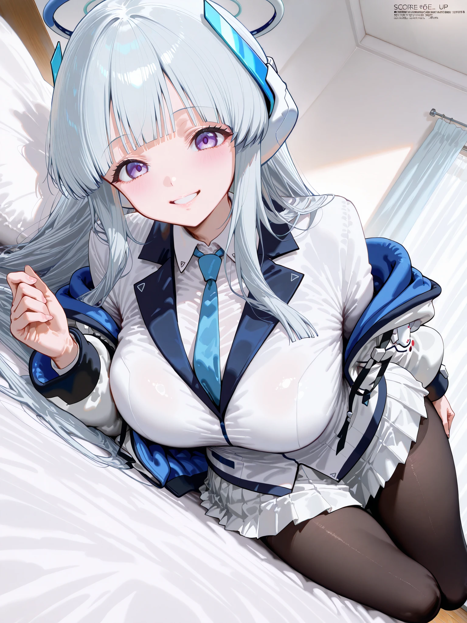 生塩ノア,
score_9, score_8_up , score_7_up , score_6_up , score_5_up ,
(masterpiece, best quality),ultra detailed,
megami magazine
BREAK
long hair, headgear, mechanical halo, large breasts, blue necktie, white shirt, off shoulder, white jacket,long sleeves, white skirt, pleated skirt, black pantyhose,
noa ushio, purple eyes, grey hair, blunt bangs, long hair, sidelocks,blue necktie, halo, headphones, long sleeves, mechanical halo, necktie, pantyhose, shirt, skirt, suit, two-sided fabric, two-sided jacket, uniform, white jacket, white shirt, white skirt, white suit,
simple background, indoor, bedroom,wood floor, white wall,(on bed),
1 girl, nsfw,
(((solo))), (pov),
medium-large breasts,
(lying), (on side),
looking at viewer, grin,