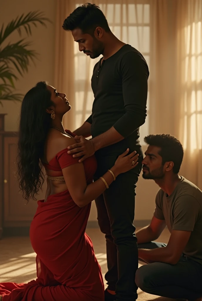 • (((An intimate scene in a hotel room, where an Indian husband, dressed in a crisp white kurta pyjama, is sitting on the plush sofa, his eyes fixed on the erotic display unfolding in the king-sized bed))). (((His beautiful wife, clad in a red and gold choli and a flowing dupatta, is lying on her back with her legs spread wide, invitingly exposing her smooth, shaven mound to the two black men who are vigorously pumping into her))). One of the black guys, wearing only black briefs, is standing between her legs, thrusting his hips forward while gripping her waist tightly. The other man, dressed similarly, kneels beside the bed, his free hand running through her long, black hair as he thrusts into her with abandon. The air is thick with desire and passion as sweat beads on their foreheads and their bodies slap against each other in a rhythmic dance. The hotel room is dimly lit, casting a seductive glow over the scene, and a large mirror on the opposite wall reflects their entangled forms, creating a dizzying visual display of lust and raw sexuality. The husband watches, transfixed, as his wife's moans of pleasure fill the room and her body is taken by two powerful, insistent cocks. The image captures the intense emotions of jealousy, desire, and submission that swirl through him as he helplessly watches his wife's ultimate surrender to the black men's carnal desires.