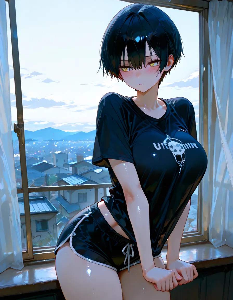 (masterpiece, absurdres, best quality, 8K, large masterpiece digital art, detailed manga illustration), perfect anatomy, (intricate details, ultra-detailed, illustration:1.3), (natural lighting, vivid colors:1.3), 1girls, bathroom, cropped top, wet, crying in the shower, sad face, shedding tears, wet shirt, hd quality, clear water drop particles, detail, looking at the viewer, add_detail:1