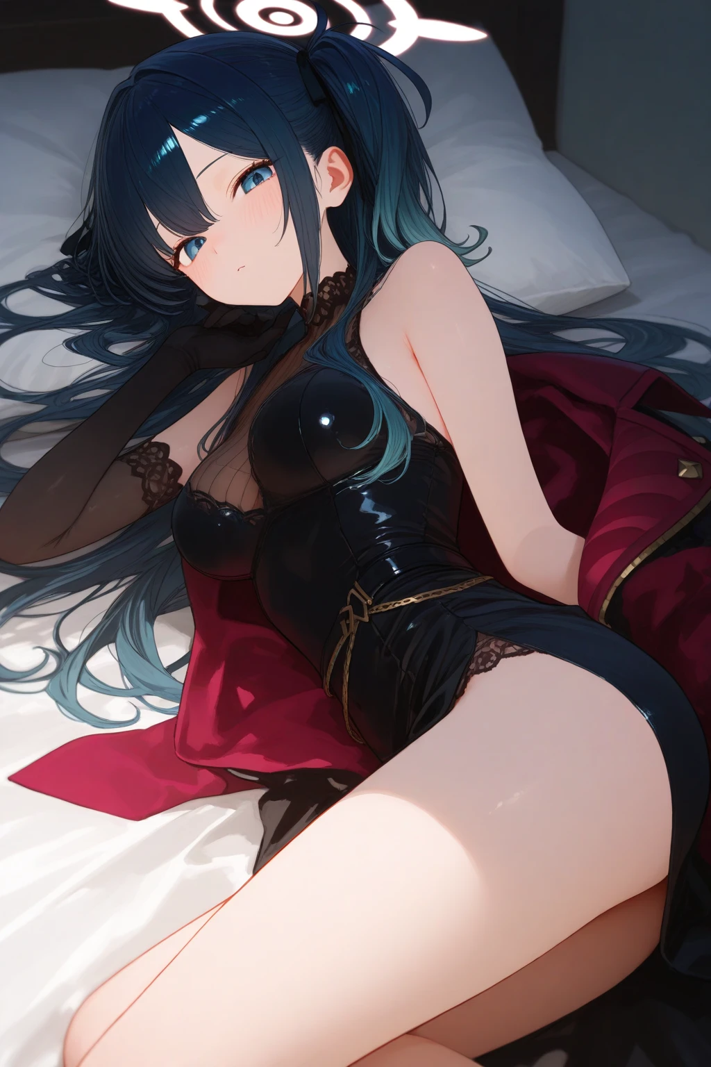 High-quality high-leg body lines, gray hair, lying on back, bending knees