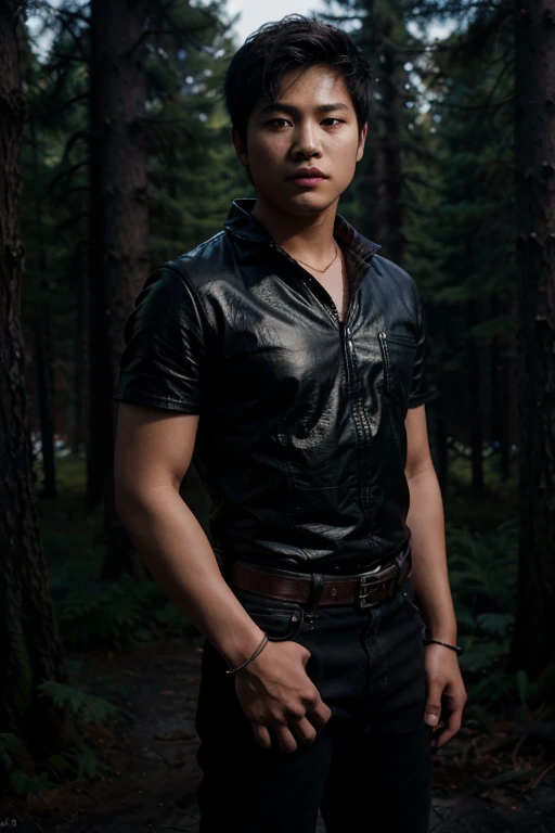 Ji-tae, Yoo Teo., Teen Wolf, 20 years old, short messy white hair, slim muscular build, black eyes, open black shirt, dark blue jeans, black belt, light brown combat boots, silver moon pendant, black misty forest background