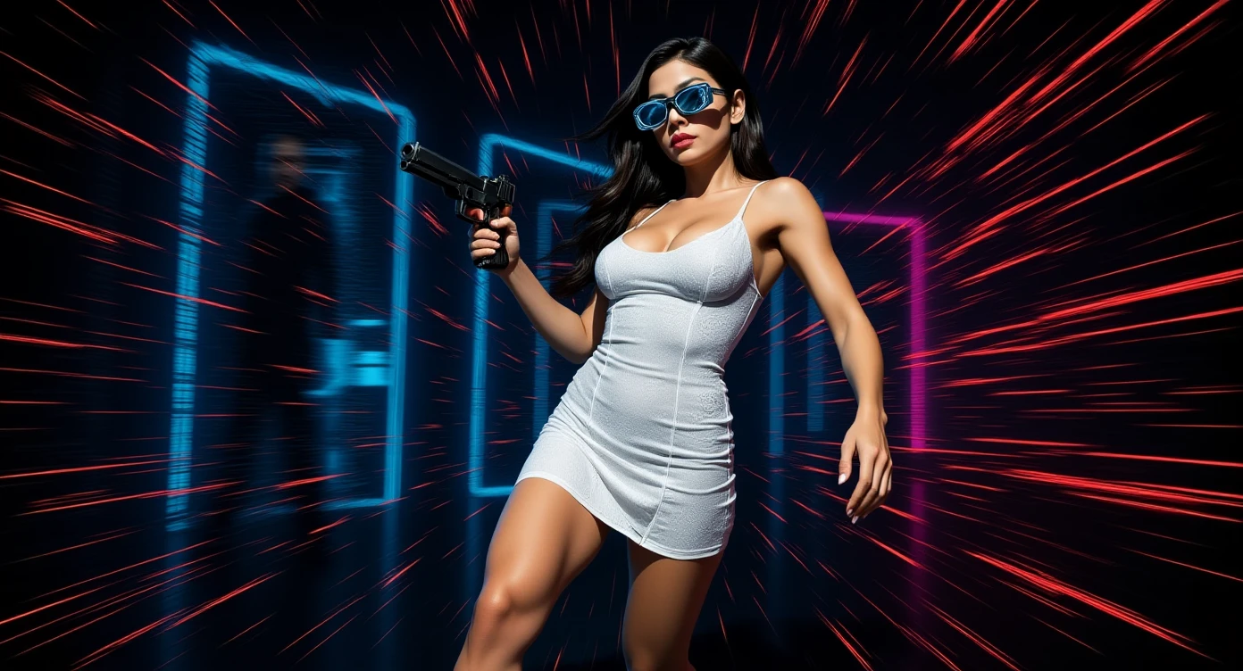 matrix inspired futuristic long corridor with all-glass wall, glowing rainbow auto weapon image displaying on wall, (low angle view), at dark night, background darkness:2.0, (1girl, solo, alone), medium-breast slim:0.6 body, oval:0.5 face, cleavage:1.1, sexy black laced bra, miniskirt, white laced panty, coat, (black micro sunglasses), (holding a short gun), (slightly leaning forward running pose, motion blur effect), (half-body thigh level medium shot), cinematic blurred lighting, ray tracing.