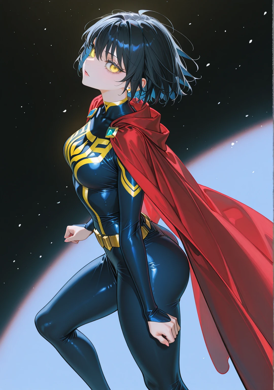 (masterpiece, best quality:1.4), cinematic light, colorful, high contrast, (1girl), NanaShimura, boku no hero academia, <lora:NanaShimuraMHA-v1-1:1>, black hair, mole under mouth, large breasts, (blue eyes), hair between eyes, sleeveless, bodysuit, white cape, yellow gloves, in the city, night, stars