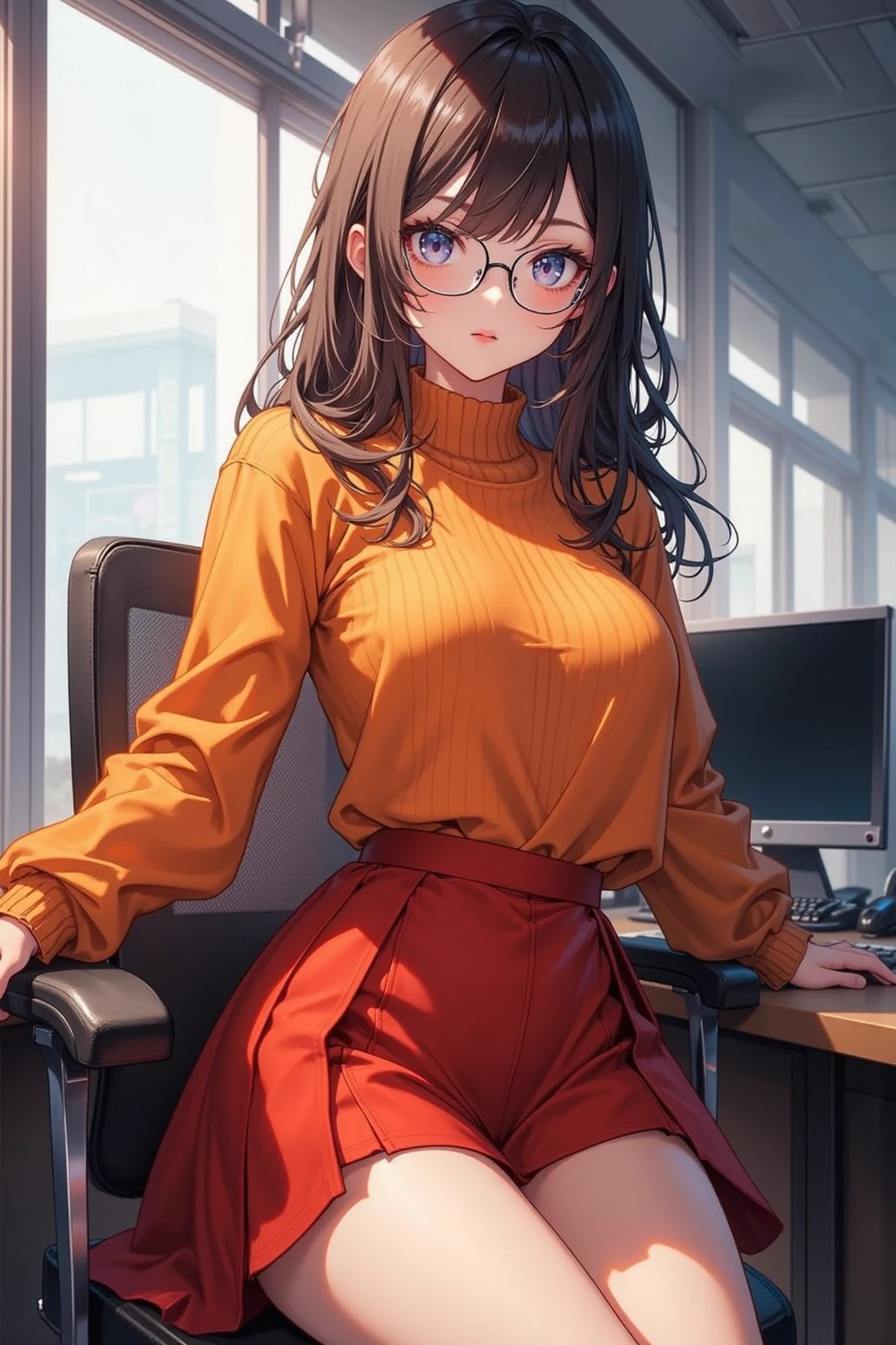 In manhwa art style young adult Korean woman 24s. Her haircut is hime cut with bangs and ginger color. Her face is oval , which carry a hopefully and cool face. Her skin is radiant and clear, and her lips is red pink. Brown color eyes are captivating and beautiful. She is wearing a black pants and blue long-sleeved and glasses blouse while inside his photographic studio