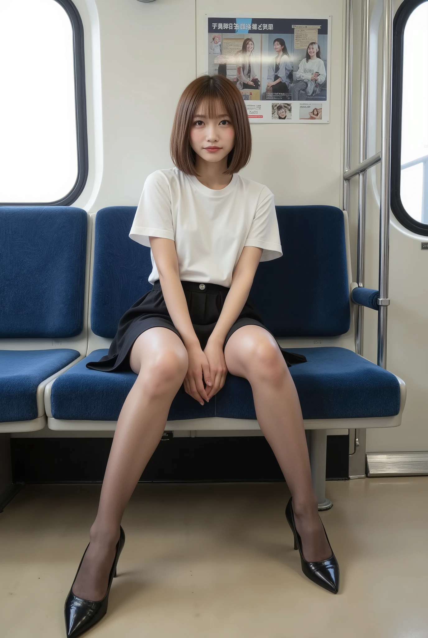 in 8K,Best Quality:1.4, 超A high resolution:1.5, (Photorealistic:1.4),​masterpiece:1.2,(top-quality:1.4)、Raw photo、１a japanese girl、Cute、 (RAW フォト:1.2), (フォトリアリスティック:1.4), 美しい詳細な女性, ((とてもよく詳しい eyes and face, 美しく詳細な目元, 非常に詳細な顔、はにかんだ笑顔)), 高解像度, とてもよく詳しい, 最高品質, 傑作,素晴らしい, 細かい詳細, 最高品質, 1人の女の子, ((ダイナミックなポーズ)), ((ミニスカート、おしゃれな服),(Shy smile:1.５), Smooth skin、30-years old:1.5、Beautiful black eyes、natural skin textures:1.3, realistic eyes and face details、 (Brown medium hair),、middlebreasts、下からのアングル、電車内の青い座席に座る若い女性、シンプルな白いTシャツ、黒いミニスカート、黒いパンスト、黒いポンプス、隣に黒いバッグ、手を膝に置く、自然な表情、窓際の広告、モダンな電車の内装、柔らかい照明、リアルなディテール