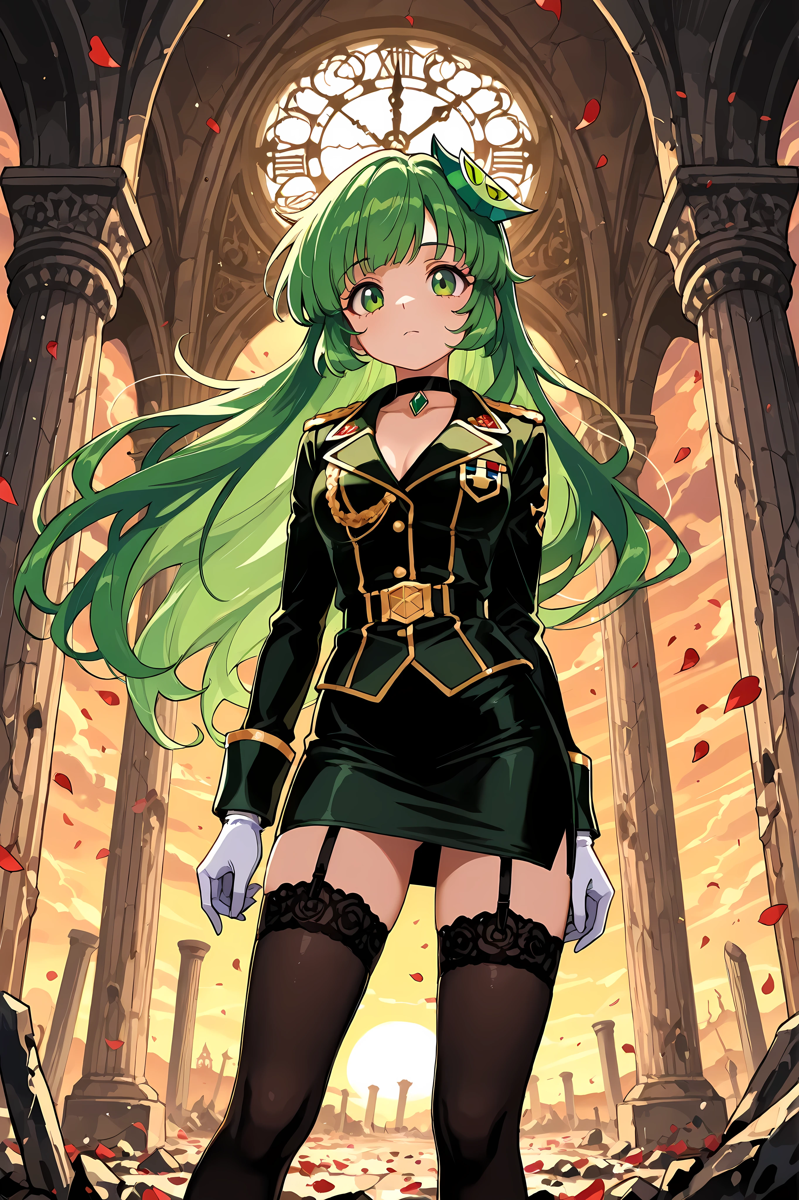 top quality, masterpiece, Ultimate Level of Detail Vannamelon, noble, noble girl, long hair, Green Hair, green eyes, elegant black and gold military uniform, pencil skirt, stockings, garter, Lace Embellished on the hem of skirt ,choker, white gloves, Aristocrat Standing, Proud Expression, Ruined Palace, Crumbling Marble Pillar, Rusty Gears, broken clock tower, Sky Dyed in the Sunset, Flying Petals, Drifting Ashes, Dramatic Lighting